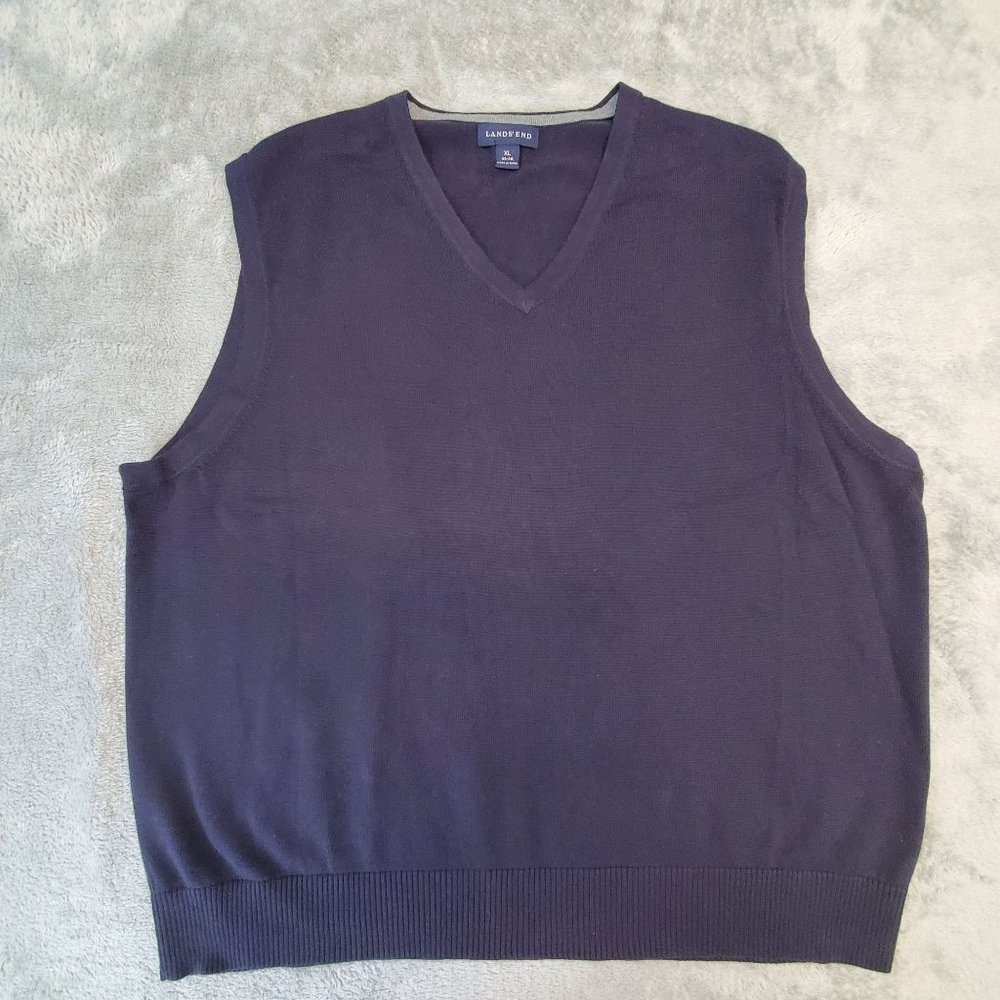 Lands End Sweater‎ Vest Men's XL 46-48 Dark Blue Cotton V-Neck Soft Pullover
